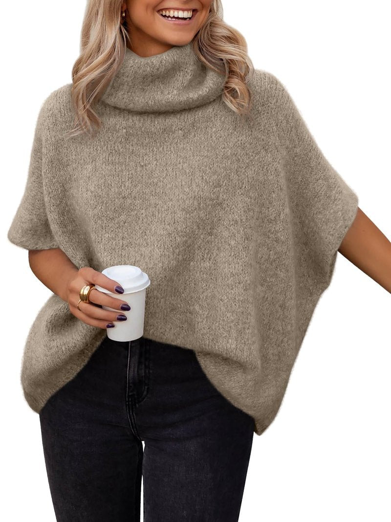 LILLUSORY Women's Mock Turtleneck Oversized Sweaters Cozy Short Batwing Sleeves Tops Fall Winter Loose Fit Chunky Clothes CoffeeGrey One Size