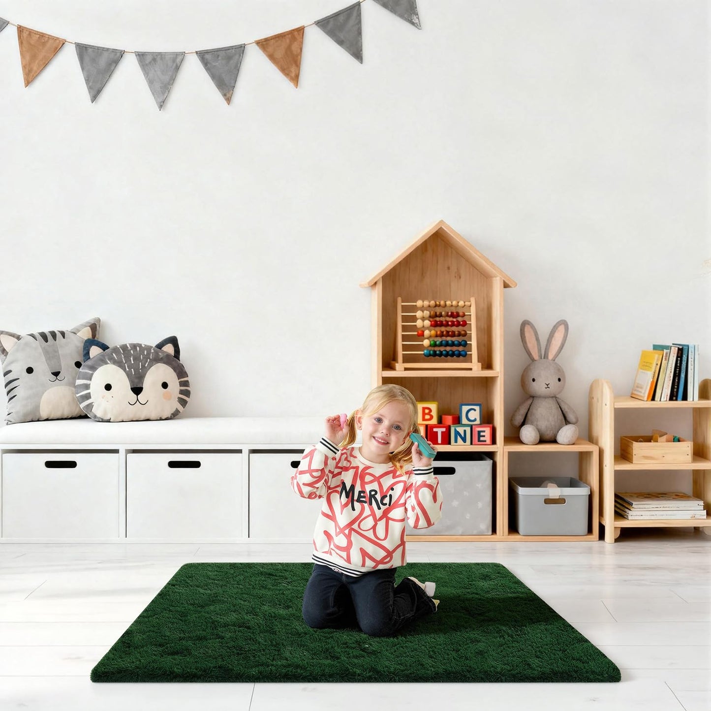 Ehayx Dark Green Rugs for Bedroom, 2x3 Fluffy Area Rugs for Living Room, Small Fuzzy Shag Soft Carpet with 4 Non-Slip Adhesive Strips for Kids Boys and Girls Nursery Dorm Home Decor (2ft X 3ft)