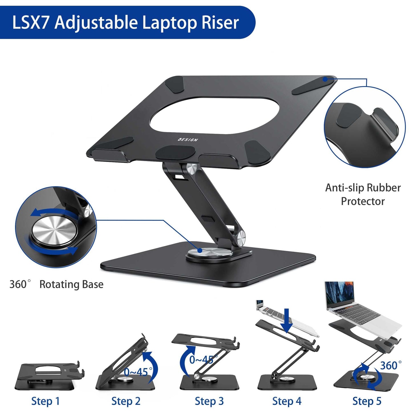 BESIGN LSX7 Laptop Stand with 360 Rotating Base, Ergonomic Adjustable Notebook Riser Holder Compatible with Air, Pro, Dell, HP, Lenovo More 10-15.6" Laptops (Black)