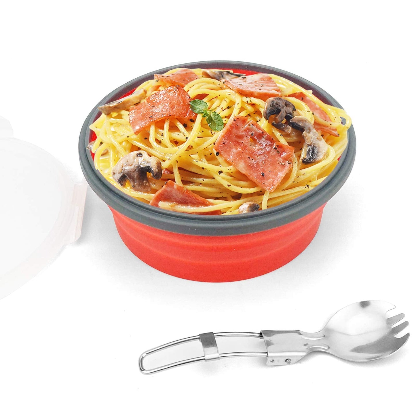 CCyanzi 1200ml Collapsible Camping Bowl Silicone Food Storage Container with Lid and Foldable Stainless Steel Fork Spoon, for Picnic, Travel, Camping, RV, Fridge and Microwave Bowls