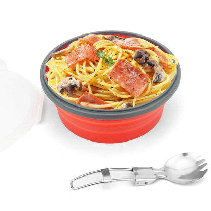 CCyanzi 1200ml Collapsible Camping Bowl Silicone Food Storage Container with Lid and Foldable Stainless Steel Fork Spoon, for Picnic, Travel, Camping, RV, Fridge and Microwave Bowls