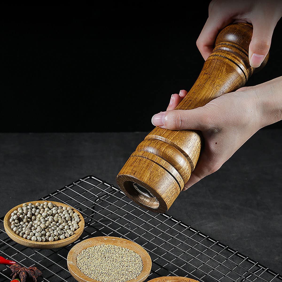Wooden Pepper Mill Pepper Grinder Kit Manual Mills Solid with Strong Adjustable Ceramic Grinders Set 8 Inches