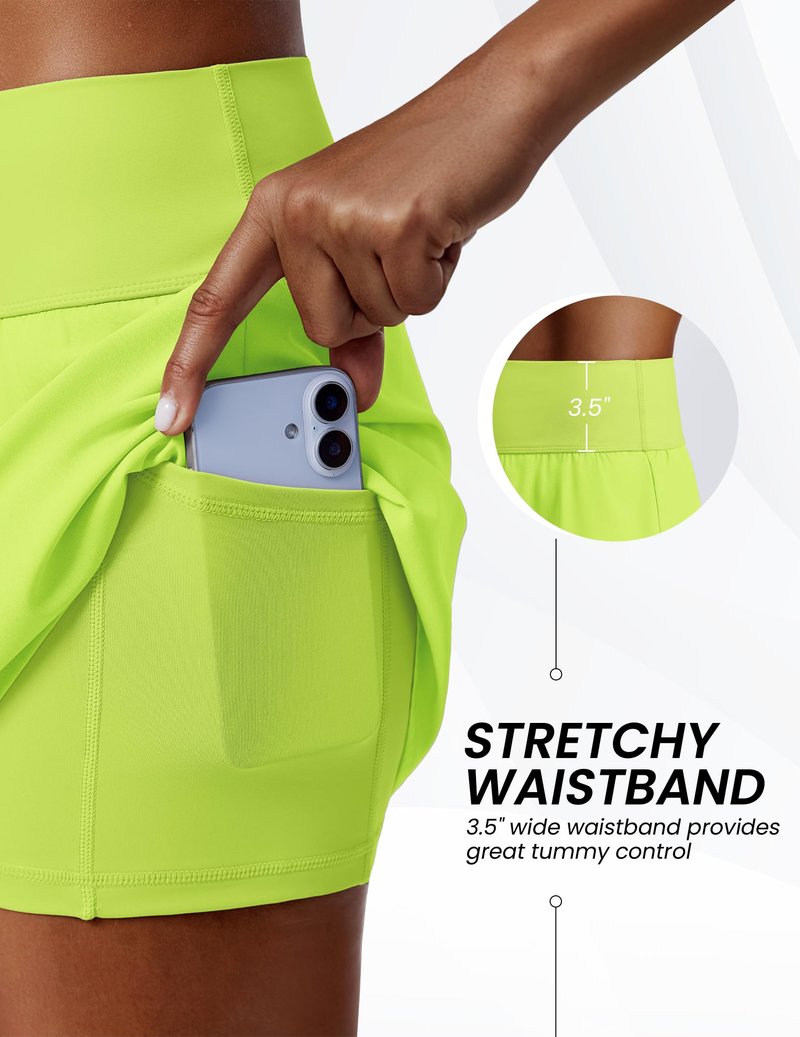 PINSPARK Womens Tennis Skirt Lightweight Athletic Skirts with Pockets Shorts 15" High Waisted Stretchy Golf Skort for Running Workout Pickleball, Neon Green Medium