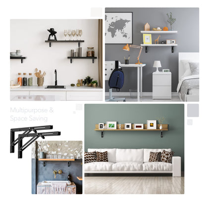 Ravinte 10 Inch Folding Shelf Brackets - Matte Black Collapsible Heavy Duty Brackets for Table Bench - Space Saving, 2 Pack ﻿