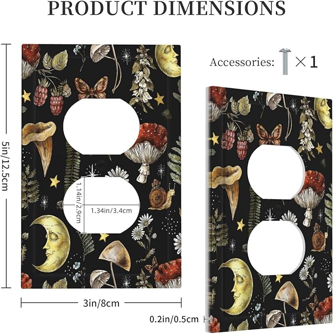 Nature Plant Botanical Daisy Mushroom Snails And Moon 1 Gang Duplex Receptacle Switch Wall Plate Decorative Switchplate Outlet Covers Electrical Plug Cover Faceplate for Home Decor