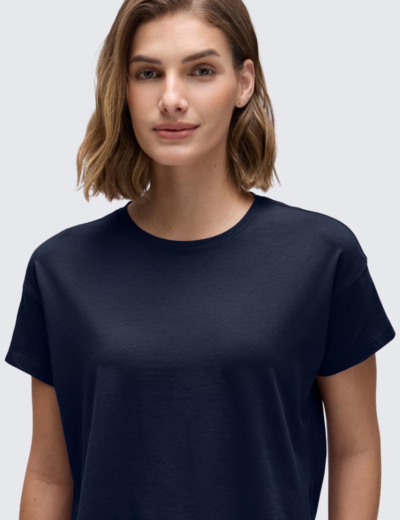 CRZ YOGA Pima Cotton Relaxed Crop T-Shirts for Women - Workout Athletic Gym Casual Short Sleeve Shirts Loose Crewneck Tops Navy Small