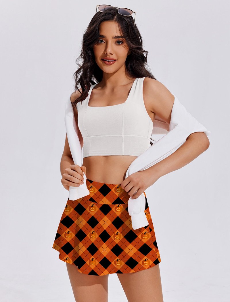 PINSPARK Skorts High Waisted Tennis Skirts with Shorts Women Pleated Mini Skirts American Flags Skirts,Orange Print Large