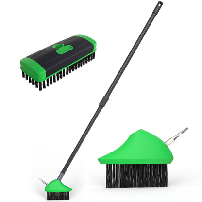 3 in 1 Telescopic Weed Remover Brush Wire Head Paving Decking Clean Scrub Moss Weed Remover Tool Wire Brush Scraper Set with Metal Broom & Weed Removal Head Green