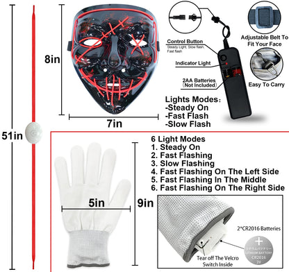 3 Set Halloween LED Mask Light Up Gloves and Glow Shoelaces Scary Mask Halloween Costume Cosplay Party for Adults