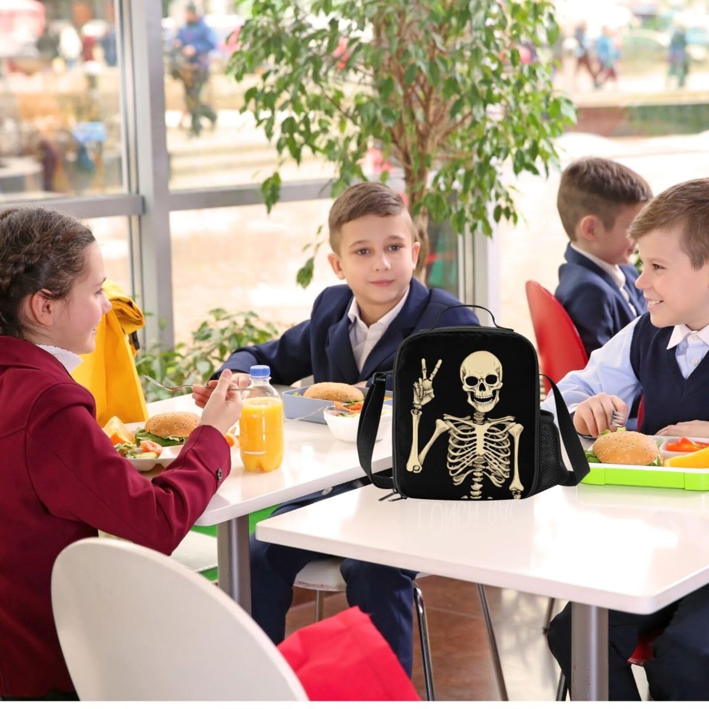 PrelerDIY Funny Skull Lunch Bag Tote Lunch Box Food Bag for Boys Girls with Zipper & Side Pocket & Shoulder Strap