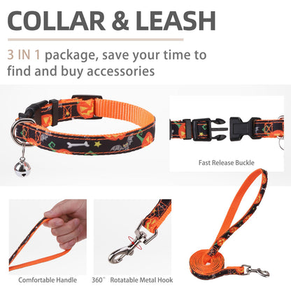 PUPTECK Adjustable Dog Harness Collar and Leash Set Step in No Pull Pet Harness for Small Medium Dogs Puppy and Cats Outdoor Walking Running, Soft Mesh Padded Reflective Vest Harnesses, Halloween, S