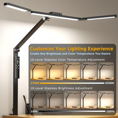 LED Desk Lamp for Office Home, Eye-Caring Desk Light with Stepless Dimming Adjustable Flexible Gooseneck, 10W USB Adapter Desk Lamp with Clamp for Reading, Study, Workbench (Black)