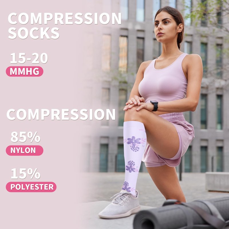 Sooverki Compression Socks for Women & Men 6 Pairs is Best Supportive Knee High Leg Warmers for Purple Yellow Floral Flower Fashion Pattern Arch Support Cushioned