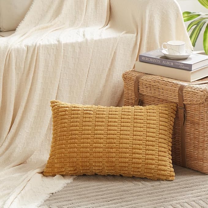 Fancy Homi Mustard Yellow Lumbar Decorative Throw Pillow Covers 14x24 Inch for Living Room Couch Bed Sofa, Rustic Farmhouse Boho Home Decor, Soft Striped Corduroy Rectangle Cushion Case 35x60 cm