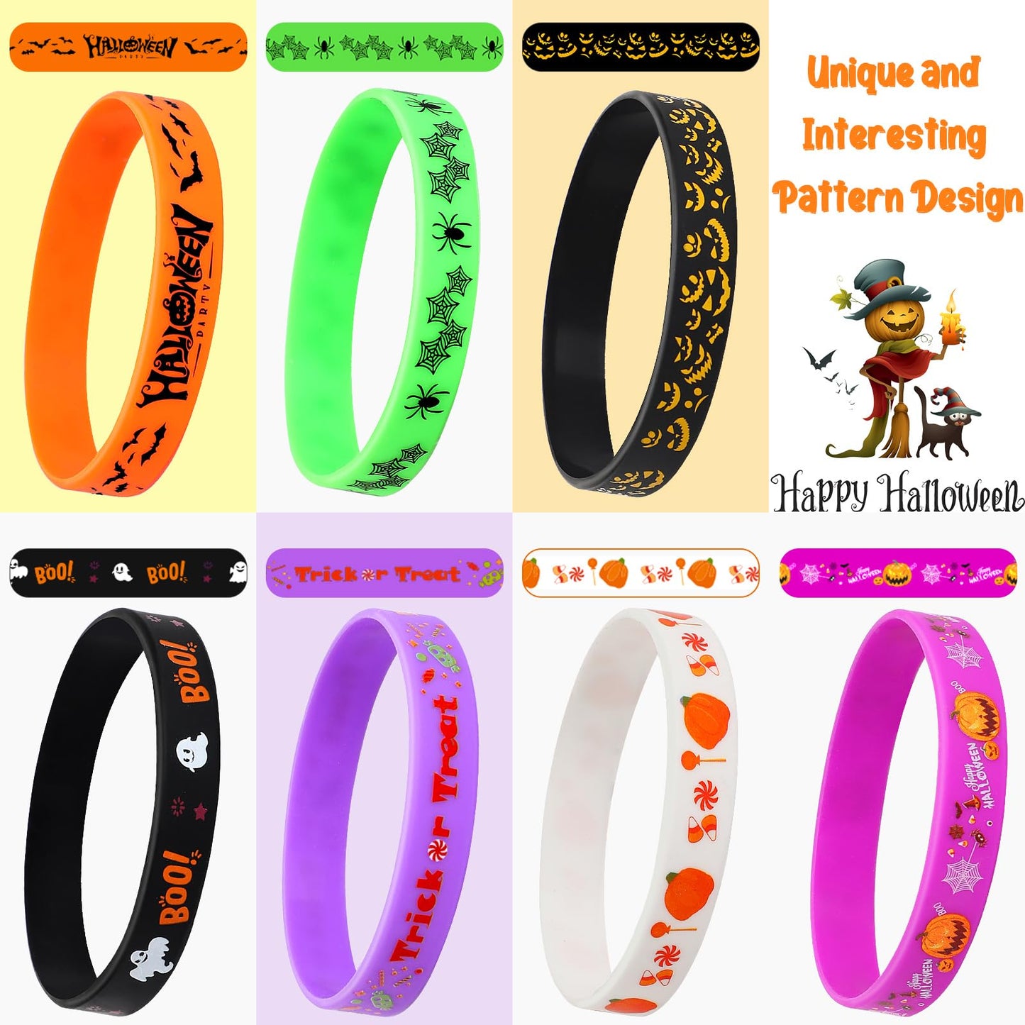 JUNEBRUSHS 42pcs Halloween Party Favors Silicone Bracelets Rubber Wristbands for Halloween Party Decorations Accessories Trick or Treat Goodie Bag Stuffers Fillers Supplies(7 Designs)