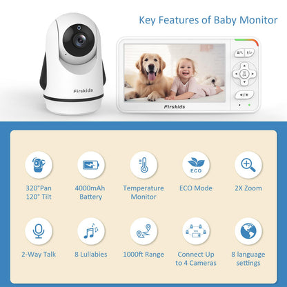 Firskids Baby Monitor, 5” Video Baby Monitor with Camera and Audio no WiFi, Pan Tilt Zoom Camera,32-Hour Battery, 2 Way Talk Temp Sensor Auto Night Vision, Suitable for Monitor Baby and Elderly