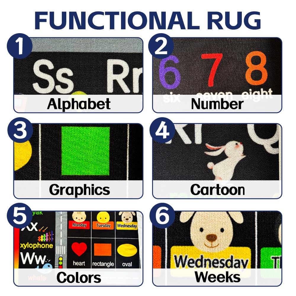 AlaTyche Classroom Rugs for Preschool, Daycare Rug for Classroom,Large Classroom Rug Elementary,Learning Alphabet Educational Rugs for Kids Playroom, Nursery(6'7''x8'7'', Black)