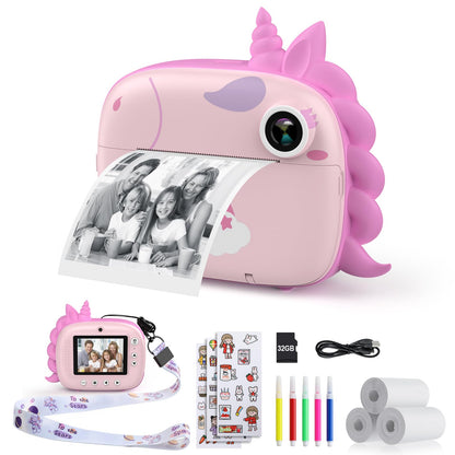 HiMont Kids Camera Instant Print, Digital Camera for Kids with No Ink Print Paper & 32G TF Card, Selfie Video Camera with Color Pens for DIY, Fun Gift for Girls Boys 3-14 Years Old (Pink)