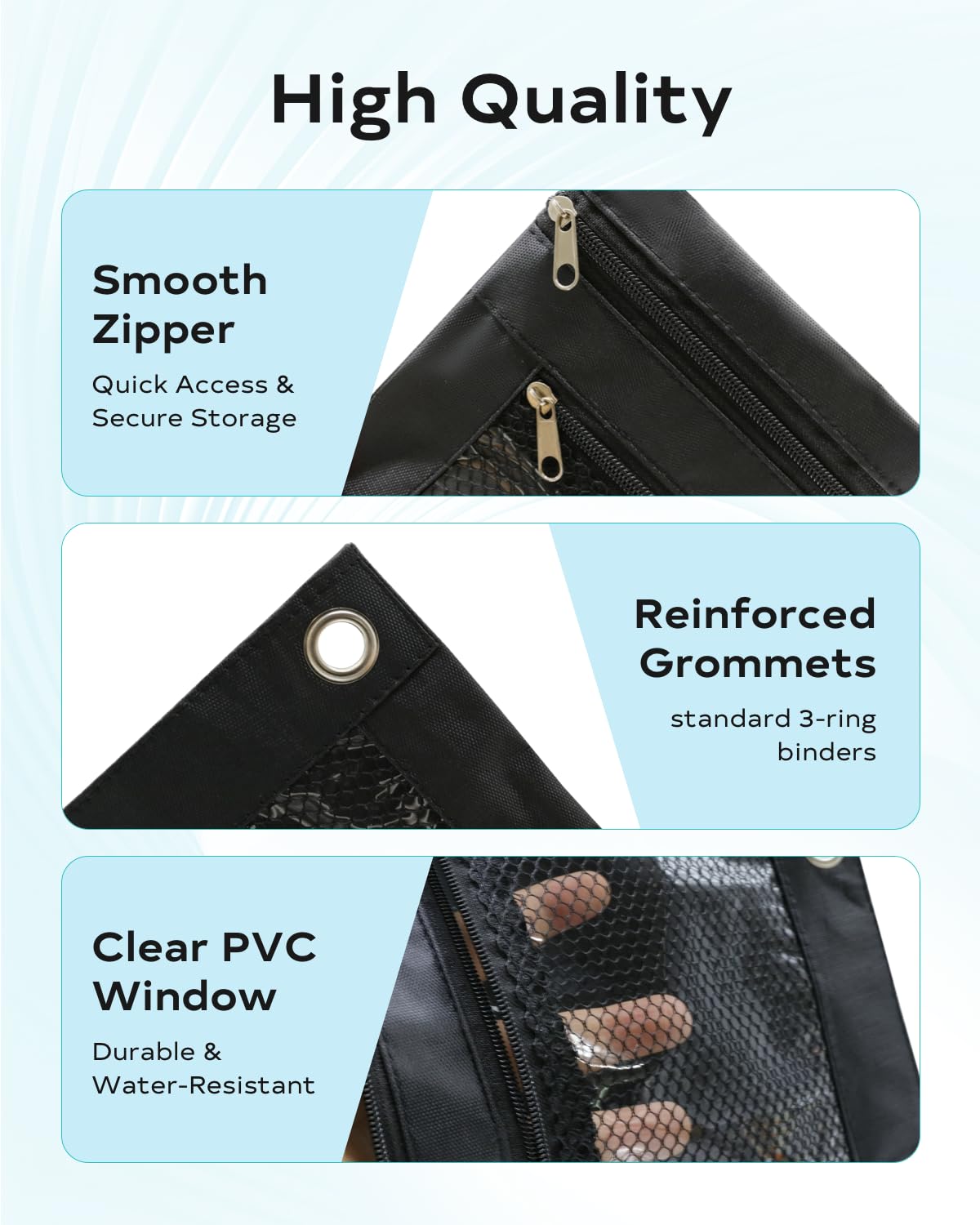 ASBEFORE Pencil Pouch for 3 Ring Binder - 3 Hole Zipper Pen Case Bag Holder Bulk Accessories Clear Window Aesthetic Organizer Pockets (Black, 1)