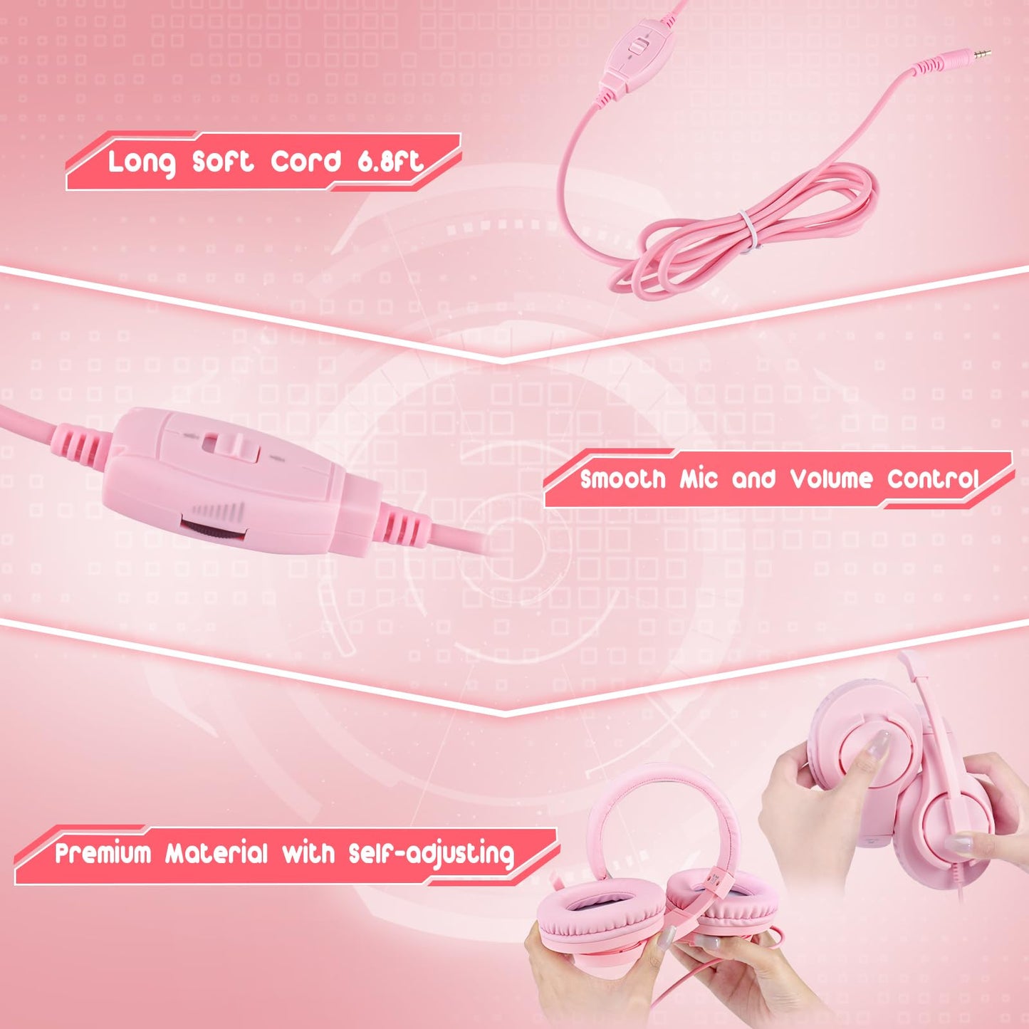 DIWUER Gaming Headset for Xbox One, PS4, PS5, Nintendo Switch, Bass Surround and Noise Cancelling 3.5mm Over Ear Headphones with Mic for Laptop PC Smartphones, Pink