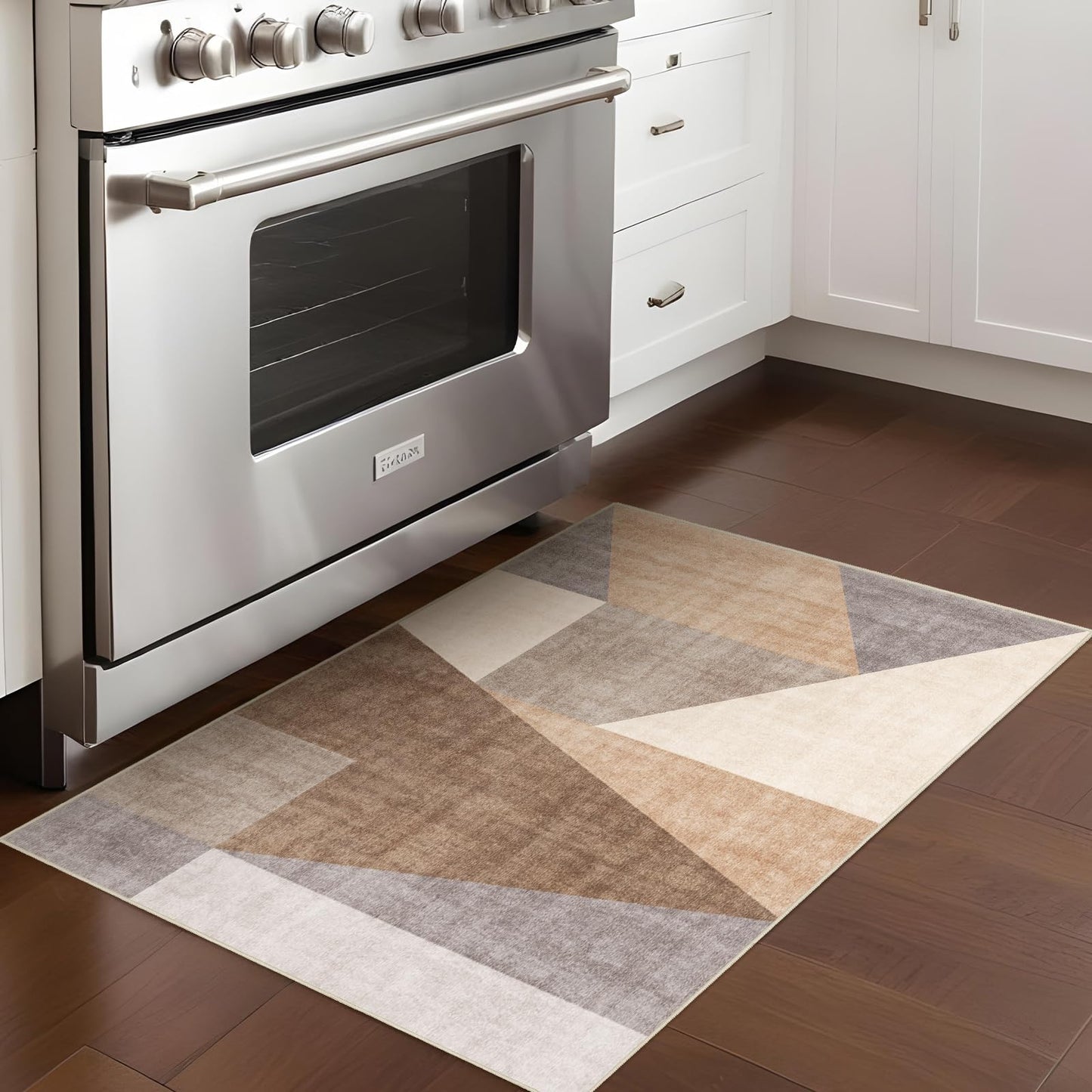 Washable Modern 2x3 Area Rug: Non-Slip Small Throw Carpet Pet Friendly Low Pile Mat for Entryway Kitchen Bedroom Bathroom Floor Stain Resistant Indoor Geometric Rug Brown