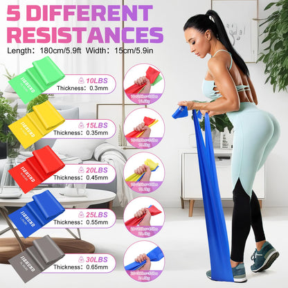 Resistance Band Set, 1.8 M Exercise Bands with 5 Resistance Levels, Long Stretch Bands for Men & Women, Workout Resistance Bands for Yoga Gym Pilates Fitness Strength Training Muscle Building