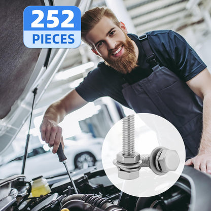 Besitu 252Pcs Hex Bolts and Nuts Assortment Kit, 1/4-20, 5/16-18, 3/8-16 Assorted Bolts Nuts and Washers Kit, 304 Stainless Steel Machine Screw Sets with Case