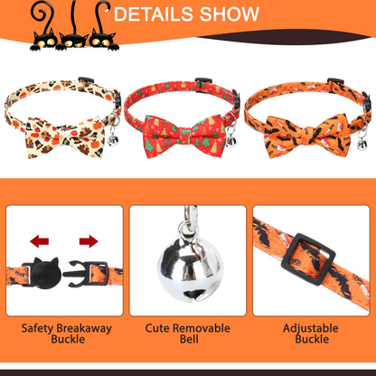 EXPAWLORER Halloween Cat Collar Breakaway with Bells - Adjustable Pet Collars with Detachable Bow Tie, 3 in 1 Holiday Cat Collars Also for Coming Thanksgiving Christmas Decoration Gifts