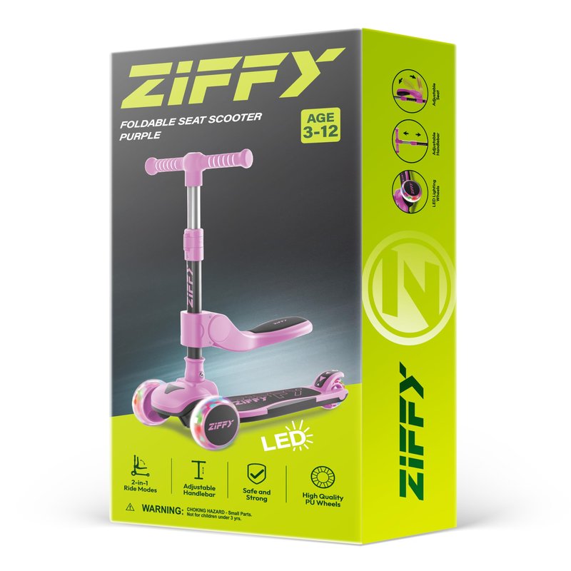 JOVA ZIFFY LED Light-up 3 Wheel Scooter, 2-in-1 Scooter for Kids, Anti-Slip Surface, Adjustable Height Handlebars and Foldable Seat, Toys for Kids Ages 3-12, Purple (Up to 110 Lbs)
