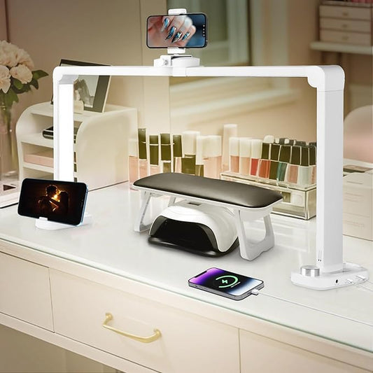 CGBE Foldable Nail Light for Desk with Phone Holder, Ultra-Large 33.5" Manicure Nail Tech Lights for Desk for Nails, Tattoos, Eyelash, Facial, Beauty (White)