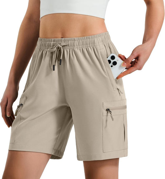 Hugut Women's Lightweight Hiking Cargo Shorts Quick Dry Athletic Shorts Camping Travel Golf Zipper Pockets Water Resistant Khaki