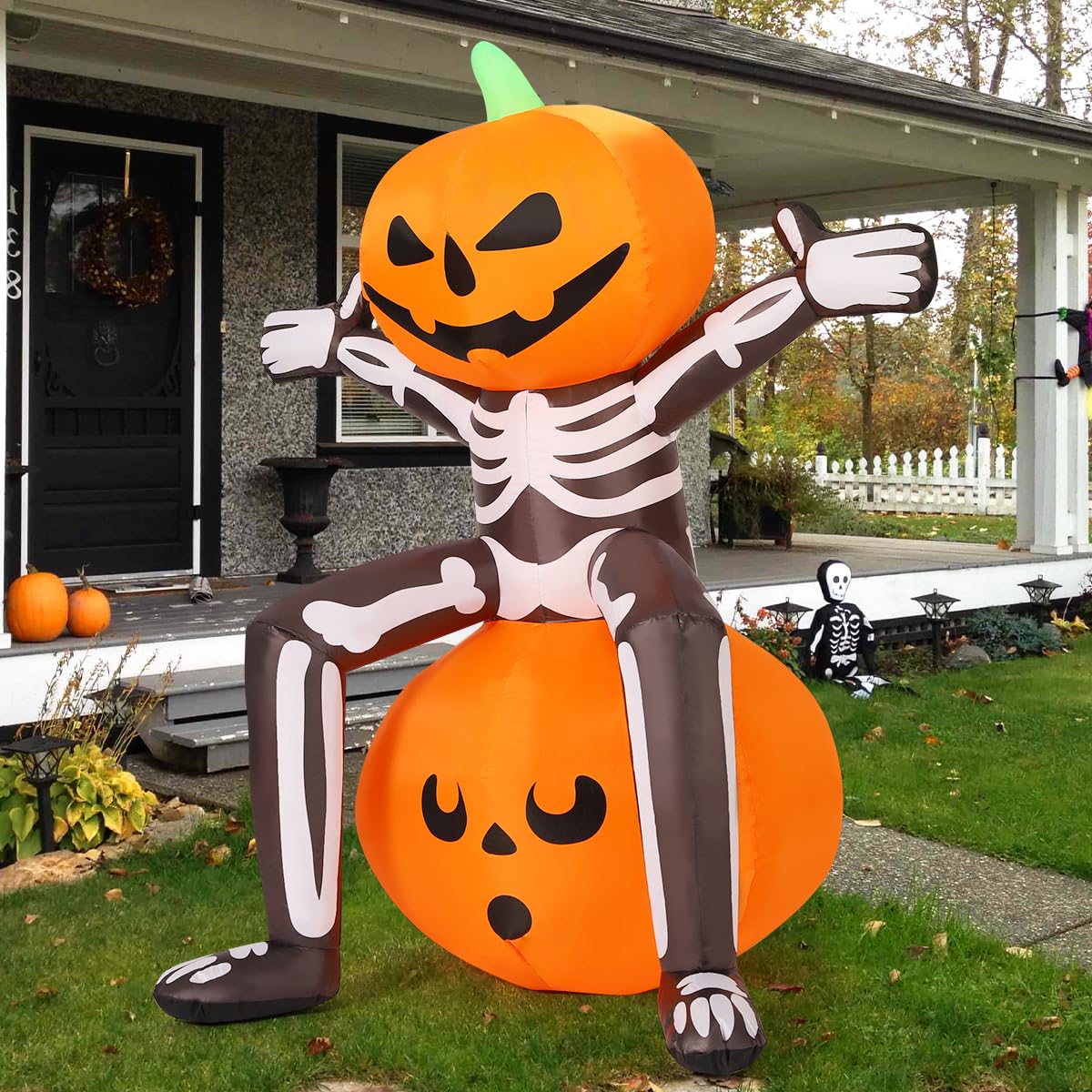 COMIN Halloween Inflatables 5FT Skull Skeleton Pumpkin Head with Built-in LEDs Blow Up Yard Decoration for Holiday Party Indoor, Outdoor, Yard, Garden, Lawn