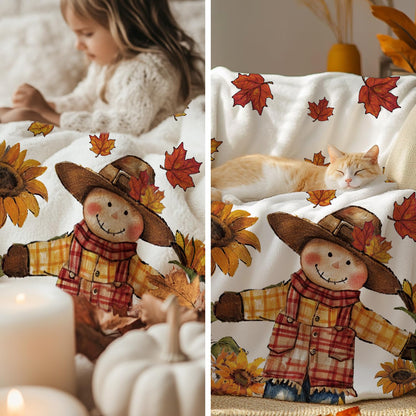 Horaldaily Fall Flannel Blanket Throw, Orange Scarecrow Pumpkin Leaves Soft Fuzzy Plush Cozy Fleece Blankets for Couch Sofa Bed Lounging, Ideal Gifts for Kids Adults Wife Self, 50x60
