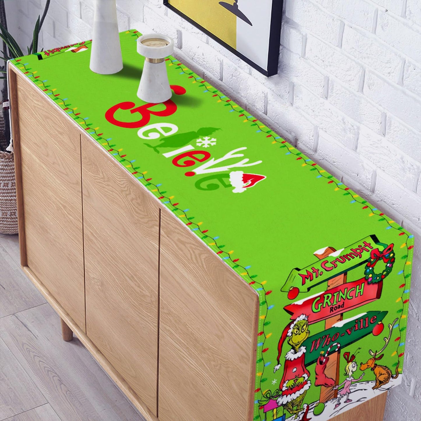 Christmas Table Runner Merry Christmas Winter Holiday Party Decoration Xmas Fireplace Kitchen Dining Room Home Decor (Green, 13" x 72")