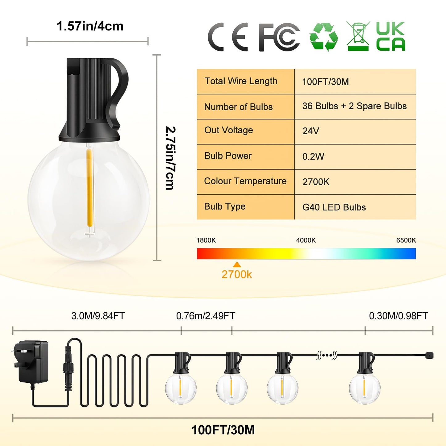 Outdoor String Lights Mains Powered - G40 Garden Festoon Lights 100FT/30M Dimmable with Remote Control Shatterproof LED Bulbs 3 Modes & 2 Timer Settings Waterproof for Outdoor Patio Gazebo Pergola