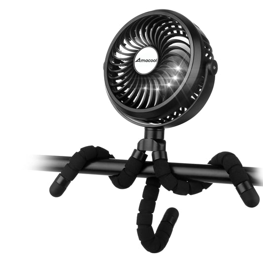 AMACOOL Battery Operated Stroller Fan Flexible Tripod Clip On Fan with 3 Speeds and Rotatable Handheld Personal Fans for Car Seat Crib Bike Treadmill (Black)