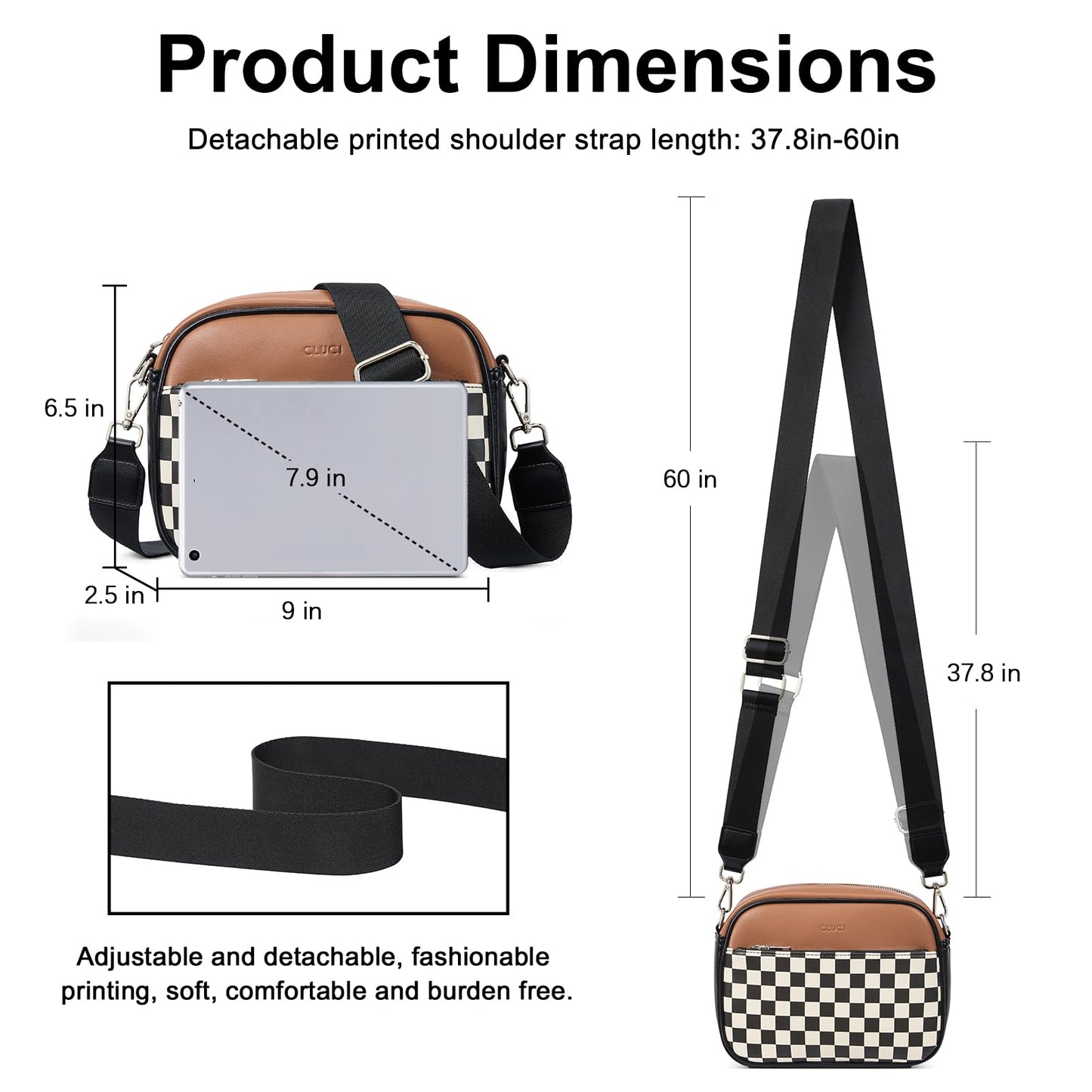CLUCI Checkered Crossbody Bag for Women,Vegan Leather Shoulder Handbags,Purses for Women with Adjustable Wide Strap