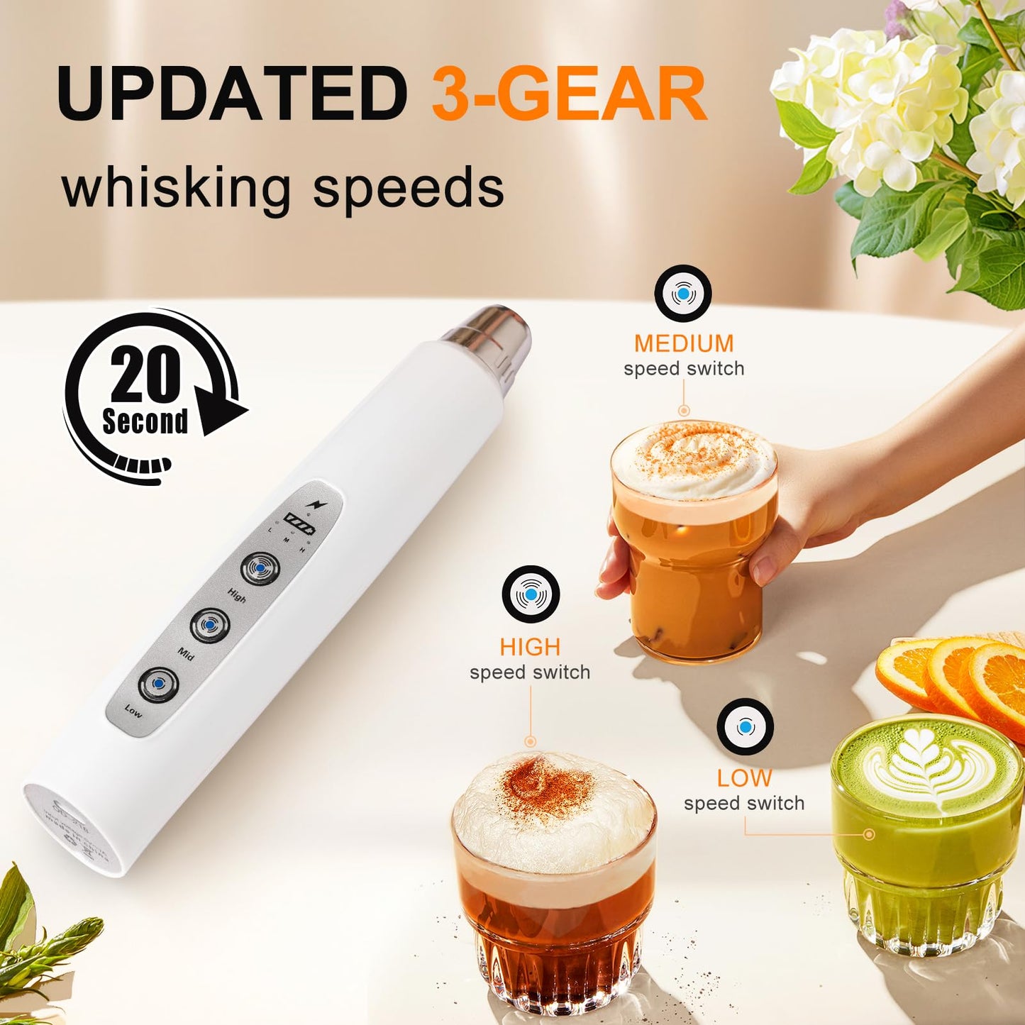 YUSWKO Black Handheld Milk Frother Wand for Coffee, Rechargeable Electric Whisk with 3 Heads 3 Speeds Drink Mixer Coffee Frother For Latte, Cappuccino, Hot Chocolate, Egg