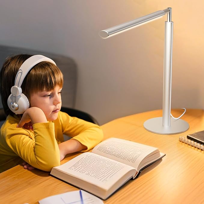 Metal Desk Lamp for Home Office - Foldable LED Table Lamp for Reading, 4 Color & 6 Brightness, 15W Dimmable Desk Light with Flexible Arm, Eye-Caring Desktop Lamp for College Dorm, Silver