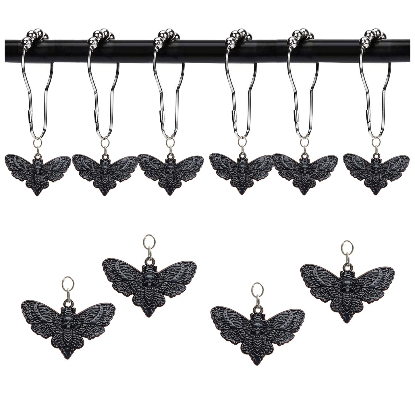 Skull Death's-Head Hawkmoth Shower Curtain Hooks Rings,12Pcs Dead Moth with Skull Face Halloween Rustproof Metal Shower Rings,Gothic Style Insect Theme Home Bathroom Decor