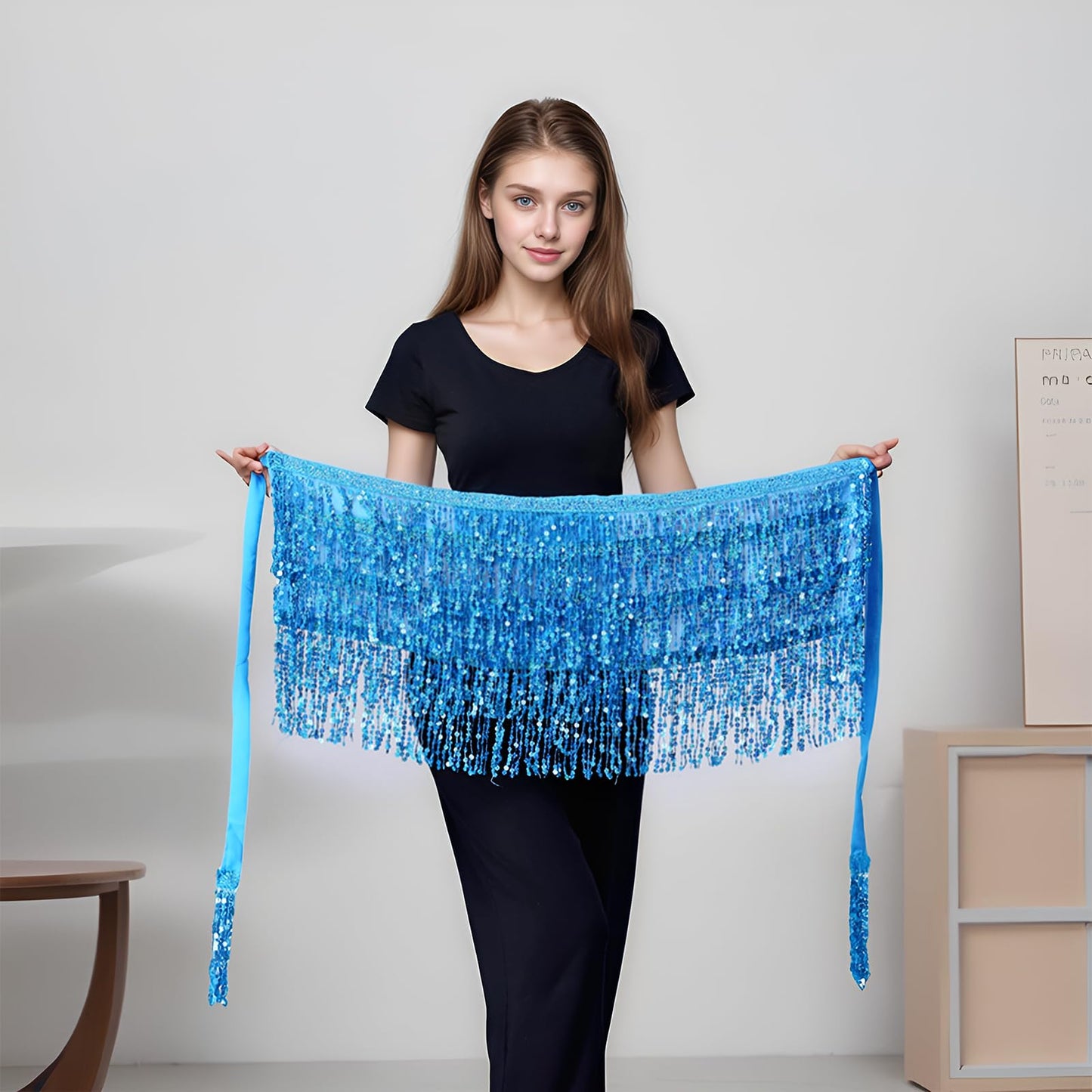 Belly Dance Hip Scarf Sequin Tassel Skirt Performance Outfits Sparkly Fringe Wrap Halloween Costume Party Rave Festival for Women and Girls, Blue