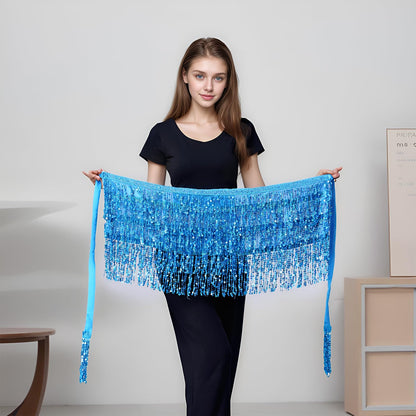 Belly Dance Hip Scarf Sequin Tassel Skirt Performance Outfits Sparkly Fringe Wrap Halloween Costume Party Rave Festival for Women and Girls, Blue