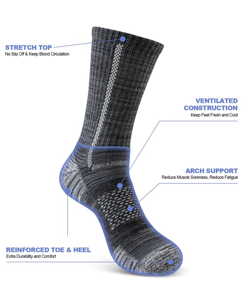 Niorasen Men's Cotton Crew Work Socks, 5 Pairs Cushioned Boot Socks, Moisture Wicking Athletic Socks for Hiking Sports Running 10-13 (Carbon Black)