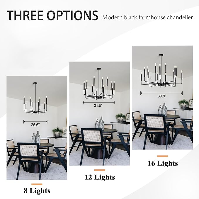 Qamra Modern Farmhouse Black Chandelier for Dining Room, 12-Light Candle Chandelier Light Fixture, Rustic Industrial Hanging Chandeliers Lighting for Living Room, Kitchen, Staircase, Entryway, Foyer
