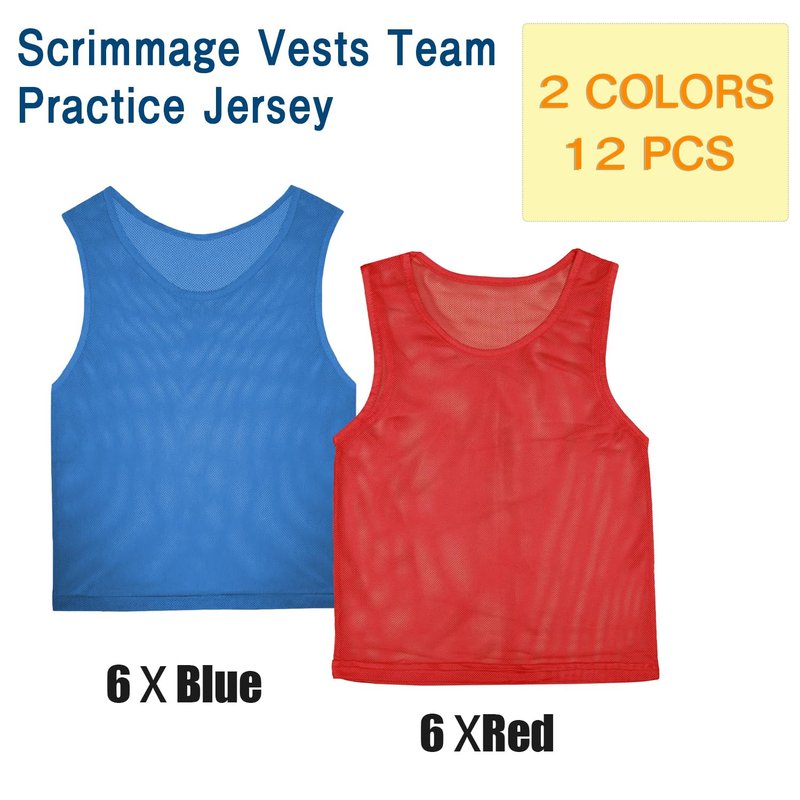 12 Pack Pinnies Team Practice Vests for Child Youth Teen Adult, Mesh Scrimmage Jersey for Soccer Football Basketball (6 X Red + 6 X Blue, Child/5-10 Years Old)