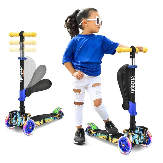 Hurtle ScootKid 3 Wheel Toddler Child Mini Ride On Toy Tricycle Scooter with Adjustable Handlebar, Foldable Seat, and Colorful LED Light Up Smooth Rolling Wheels, Graffiti