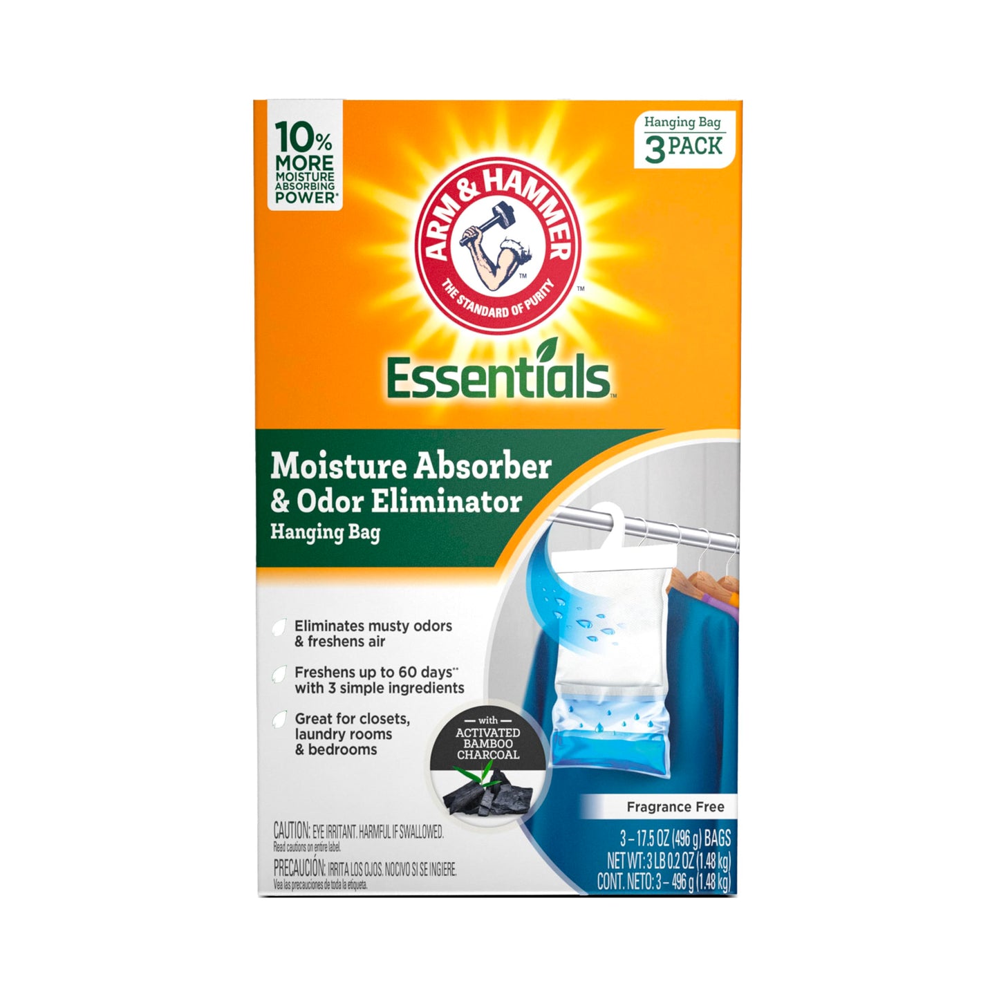 Arm & Hammer Essentials Hanging Moisture Absorber and Odor Eliminator, 17.5 oz., 3 Pack, Fragrance Free, Moisture Absorbers for Closets, Laundry Rooms and Bedrooms, Long-Lasting Freshness