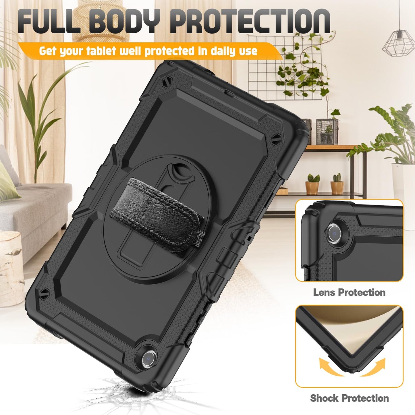 SEYMCY Case for Samsung Galaxy Tab A9+/ A9 Plus 11 Inch 2023, Full Body Shockproof with Screen Protector, 360° Rotating Hand Strap & Stand, Shoulder Strap for Samsung A9 Plus Tablet Case, Black