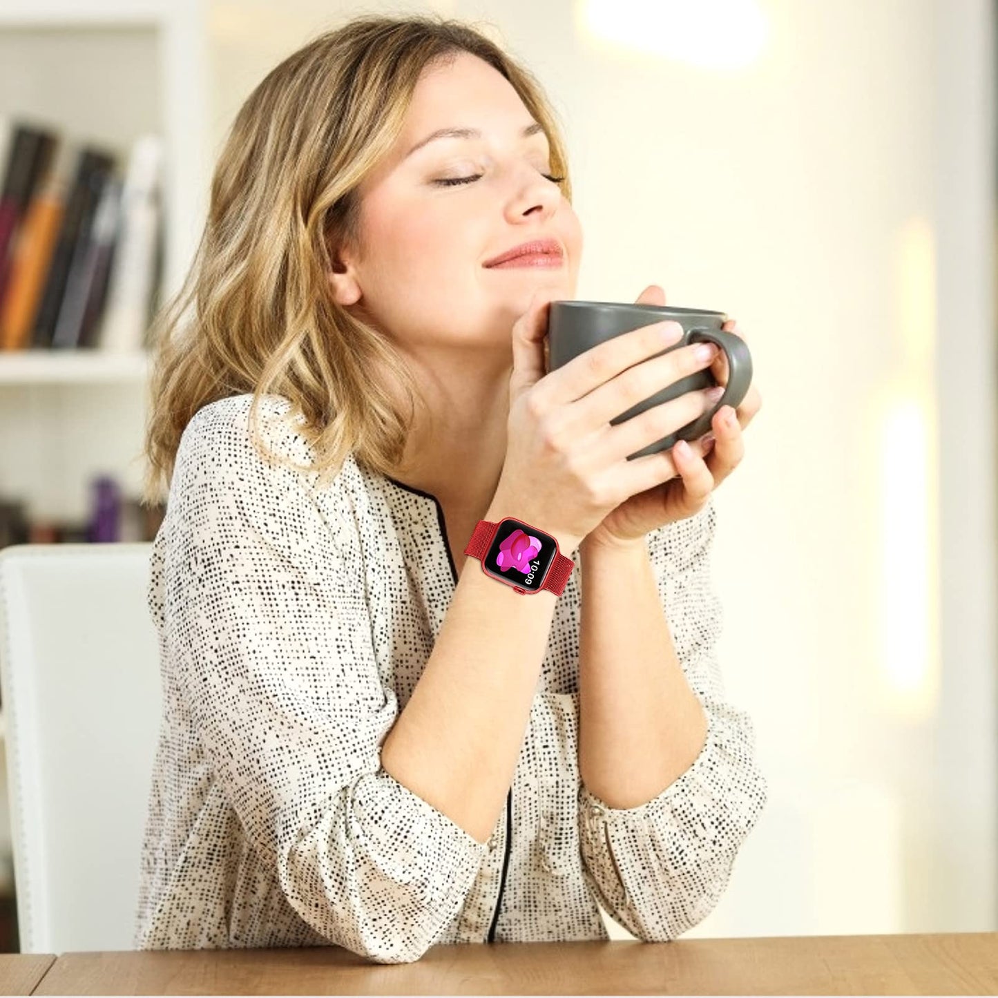 Sunnywoo Metal Stainless Steel Band Compatible with Apple Watch Bands 38mm 40mm 42mm 44mm,Red Loop Adjustable Strap Magnetic Replacement Wristband for iWatch Series 6 5 4 3 2 1 SE for Women Men