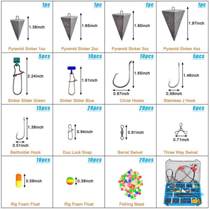 Surf Fishing Tackle Kit Ocean Saltwater Fishing Lures Surf Fishing Gear Fish Finder Rigs Pompano Rig Pyramid Sinker Weight Fishing Hooks Swivels Various Accessories